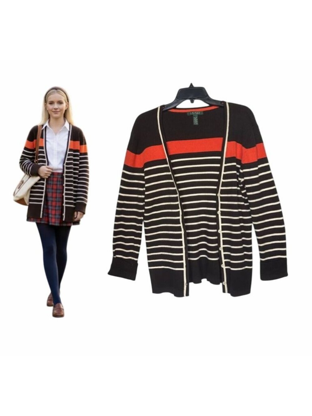 ❤️Ralph Lauren Women's Cardigan Sweater Sz XL Brown Orange Stripe Cotton Vintage